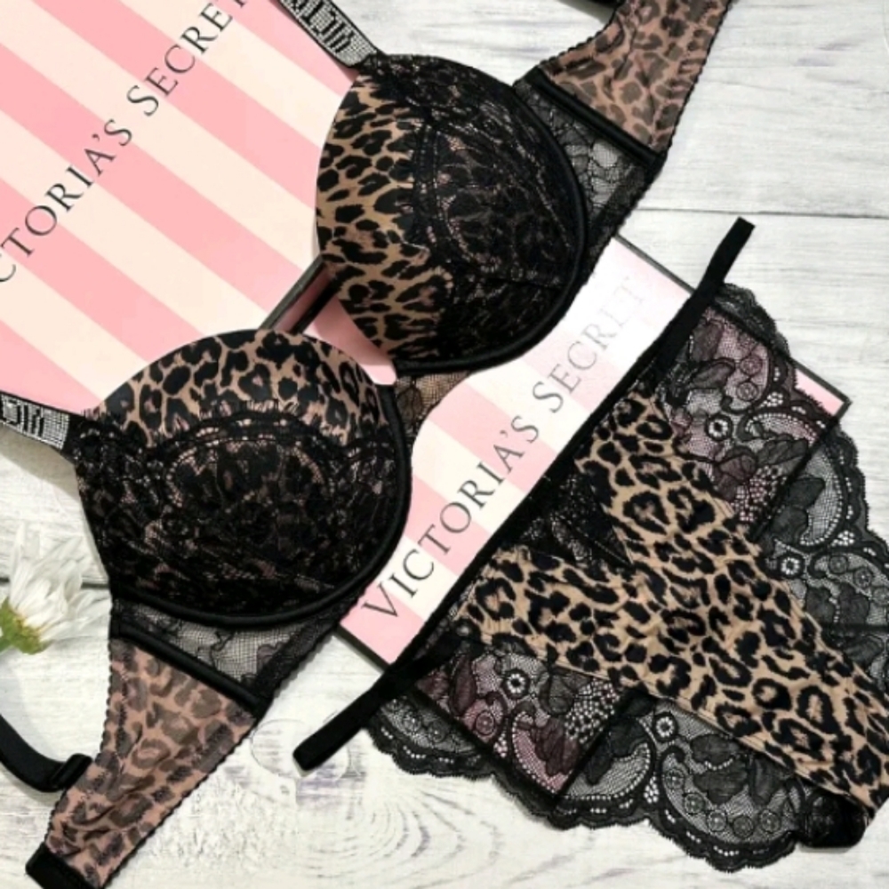 V.S.- 2pc Shine Strap Push Up Bra & Satin/Lace Cheekies-32DD /Large